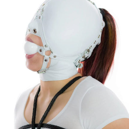 PHOEJIX Bondage Harness Ball Gag Full Cover Hood Mask Leather Bondage Harness Trainer Ball Gag (White)