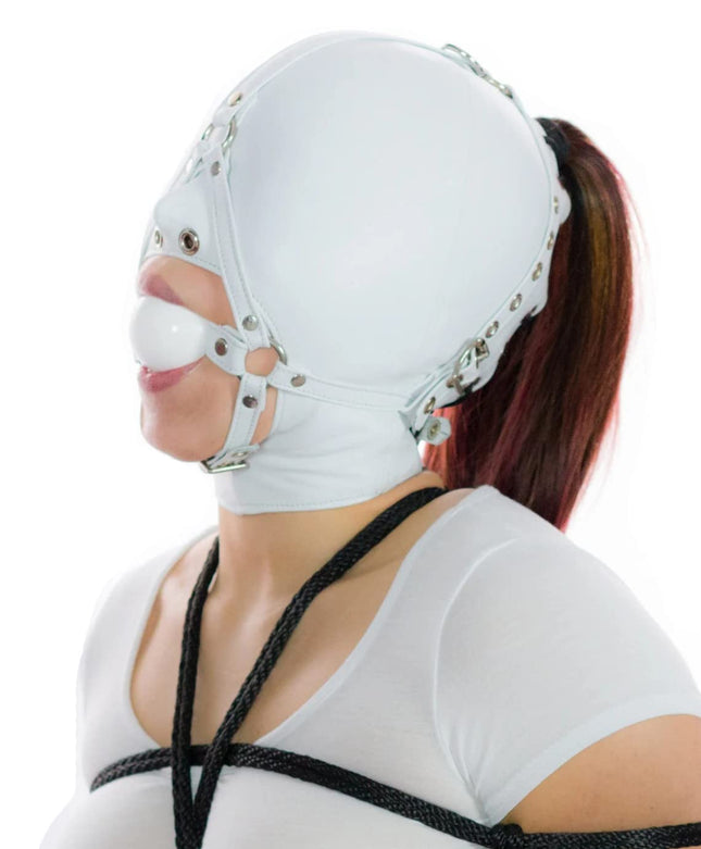 PHOEJIX Bondage Harness Ball Gag Full Cover Hood Mask Leather Bondage Harness Trainer Ball Gag (White)