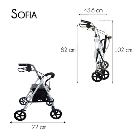 Mobiclinic®, Rollator, Large wheels for the road, Foldable, With fabric basket and seat, Made of aluminum, Lightweight, Durable, Brake on the handles, European brand, Model Sofia, Gray