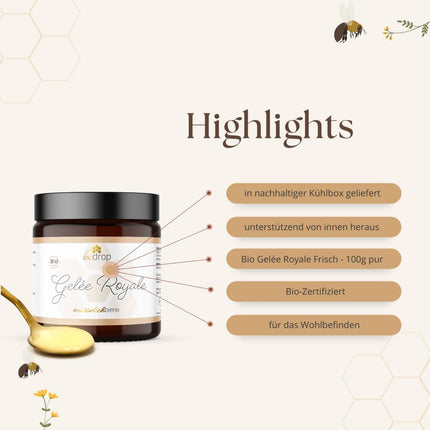 bedrop Organic Royal Jelly fresh &amp; pure 100g in organic quality | 10-HDA content &gt;1.7% - 100% natural bee milk - Fresh royal jelly from the beekeeper