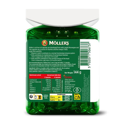 Moller's ® | Cod Liver Oil Capsules | Omega-3 fatty acids DHA &amp; EPA, Contains vitamins A, D &amp; E, Supports immune system, heart function, brain function &amp; vision | 160 Capsules