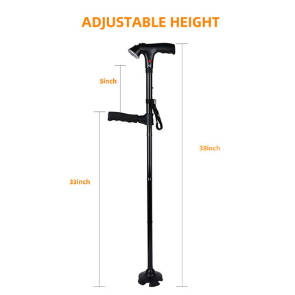 Folding Cane with LED Light and Alarm, Adjustable Armrest Cane and Walking Stick, Rotating Quad Base for Arthritis Disabled and Elderly