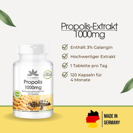 Propolis 1000mg - high dosage - 120 tablets - with 3% galangin | HERBADIREKT by Warnke Vitalstoffe - German pharmacy quality