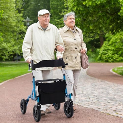 FANTASK 2-in-1 Rollator with pneumatic tires and seat up to 160 kg, foldable and lightweight aluminum with bag and cane holder, walking aid with 6-way height adjustment, wheelchair and travel rollator (blue)