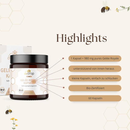 bedrop Royal Jelly Capsules Organic Quality 60 Capsules - 1 capsule = 980 mg pure Royal Jelly, 10-HDA content &lt;4.8% - Royal Jelly rich in polyphenols &amp; flavonoids