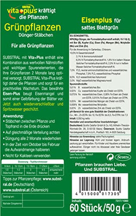 Substral Fertilizer Sticks for Green Plants with Iron Plus and 2 Months Long-Term Effect, 60 Sticks, Green