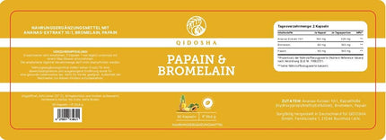 QIDOSHA® Papain Bromelain in enteric-coated capsules, 320 mg per capsule, 90 capsules in a pharmacist glass, highest enzyme activity of 6194 USP (Papain), Papain enzyme from papaya, Bromelain from pineapple