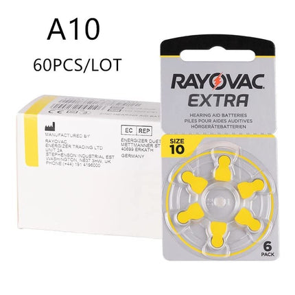 Rayovac Extra Advanced Zinc Air Hearing Aid Batteries, 10-pack, with 60 batteries, Suitable for hearing aids and hearing amplifiers, Yellow