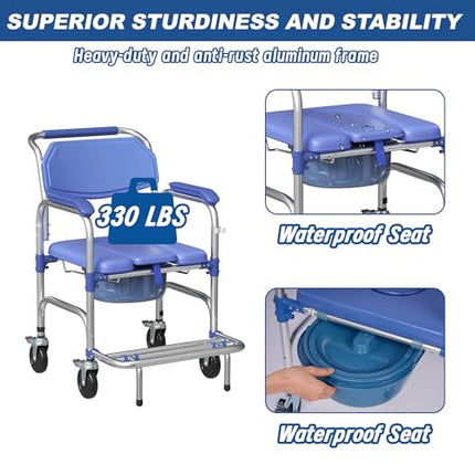 bimiti Foldable Commode Chair for Seniors, Commode Chair with Wheels and Anti-Roll-Over Pedals, Wheelchair with Toilet for Patients, Seniors, Disabled and Pregnant Women, Load Capacity up to 150 kg