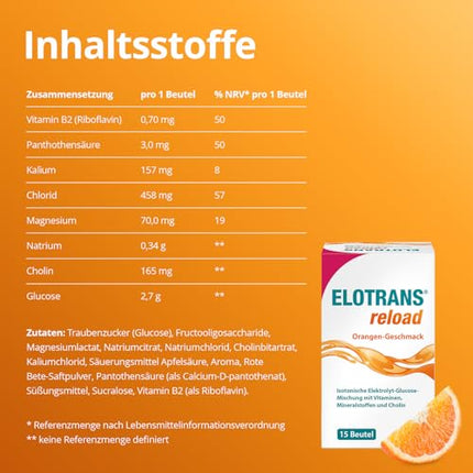 ELOTRANS reload - isotonic electrolyte-glucose mixture - dietary supplement with magnesium, potassium chloride, choline and B vitamins - 1 x 15 sachets