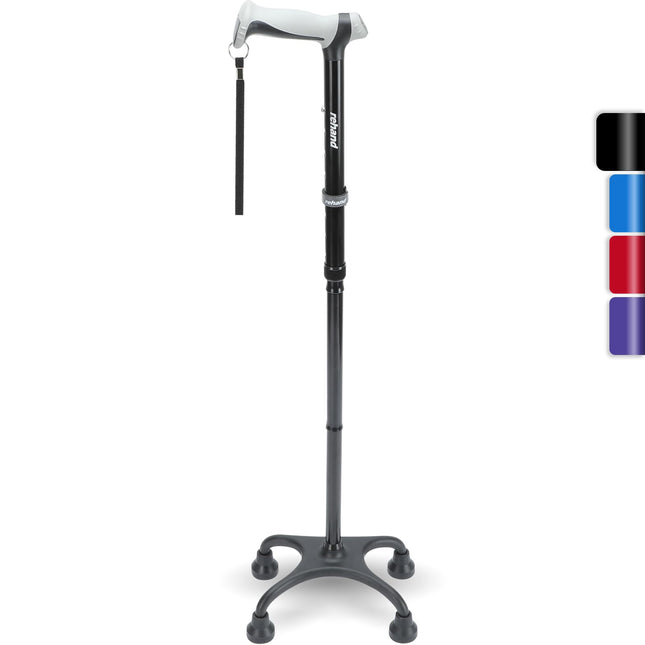 Four-legged walking stick, walking stick with ergonomic handle and graceful 4-prong base, adjustable walking sticks for right- or left-handed people, men, women, and seniors (black)