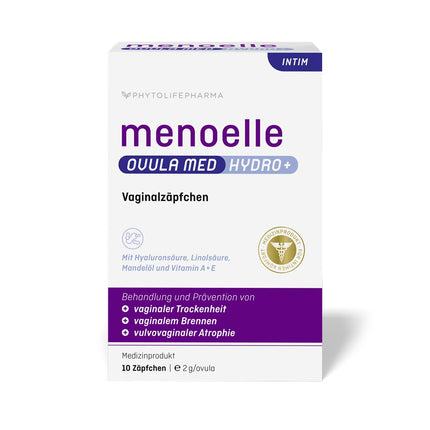 menoelle® OVULA med Hydro+ for the treatment of vaginal dryness, burning, itching, tightness, and irritated or inflamed vaginal mucosa – hormone-free &amp; regenerating. 10 suppositories.
