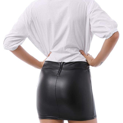 Women's mini skirt with leather look - sexy wetlook stretch skirt (M)