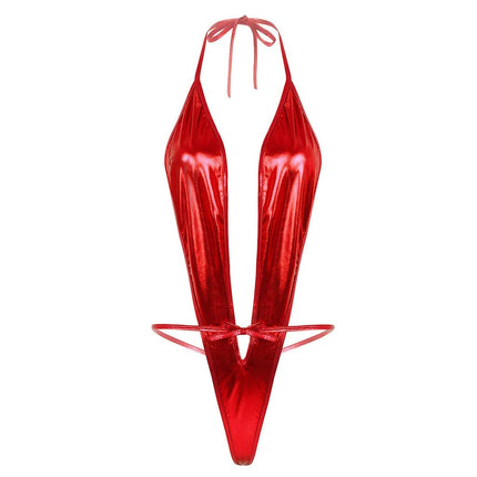 ROSVAJFY leather lingerie wetlook women's lingerie faux leather halter neck lingerie one piece backless leather dress bodysuit nightdresses clubwear underwear SML XL (red)