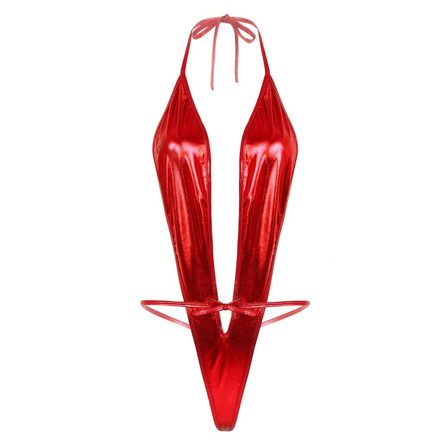 ROSVAJFY leather lingerie wetlook women's lingerie faux leather halter neck lingerie one piece backless leather dress bodysuit nightdresses clubwear underwear SML XL (red)