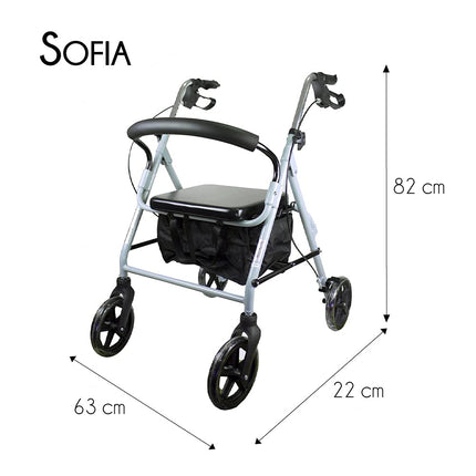 Mobiclinic®, Rollator, Large wheels for the road, Foldable, With fabric basket and seat, Made of aluminum, Lightweight, Durable, Brake on the handles, European brand, Model Sofia, Gray