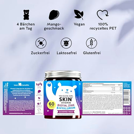 Bears with Benefits Hyaluron Gummies - Radiant skin with 100mg high-dose hyaluronic acid, vitamin C, zinc, biotin - 60 pieces - sugar-free vitamin gummies