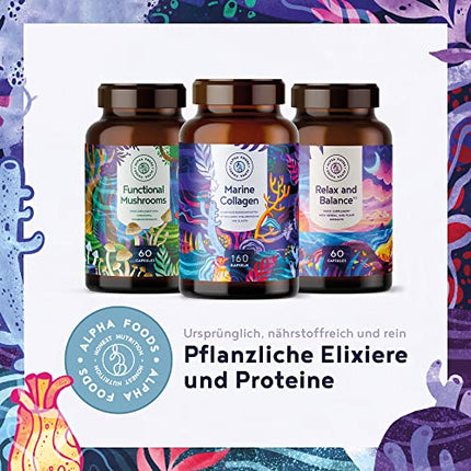 Marine Collagen with Hyaluronic Acid Capsules | 160 Capsules | Marine Collagen Hydrolysate &amp; Marine Elastin with Hyaluronic Acid &amp; Spirulina | Alpha Foods