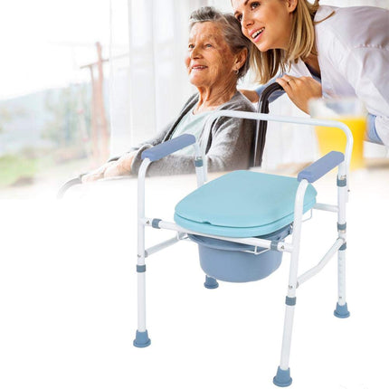 Commode chair Folding toilet seat Ergonomic seat with armrests Shower chair with bucket Bedside table Commode chair with toilet arm and non-slip foot base, ideal for elderly disabled people
