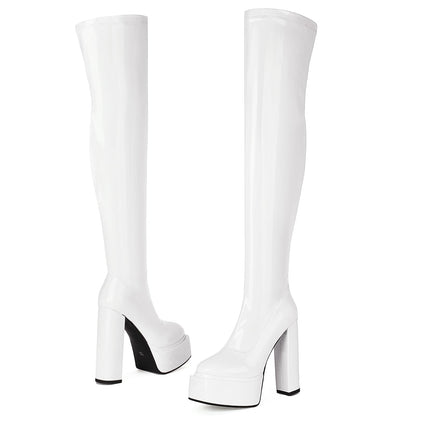 Roimaash Fashion Platform Boots Over The Knee Zipper Stretch Boots Evening Pole Dance Heels Long Boots Square Toe Disco Boots Patent White Plus Size 40