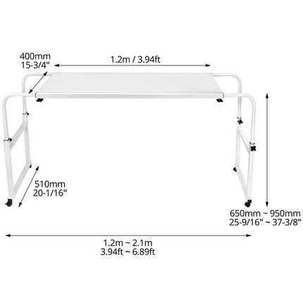 QWORK® Height and width adjustable over-bed table on castors, side table bed ideal for home and office, multifunctional as a side table, bedside table, desk