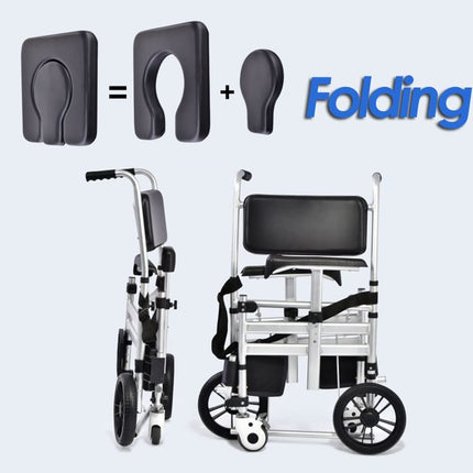 Generic Folding, padded bedside commode wheelchair for elderly and disabled people, Adjustable commode chair with wheels, fold-up armrests and fold-up footrest