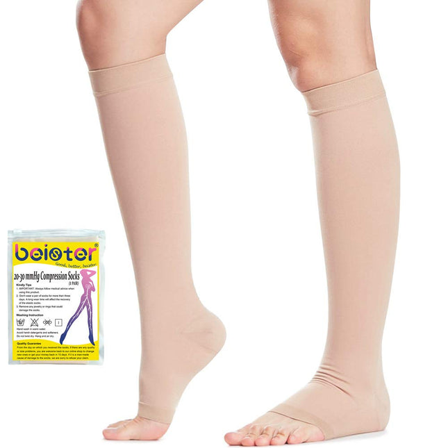 Medical Compression Stockings Women &amp; Men with Silicone Band Open Toe Knee High Calf Compression Socks Firm 20-30 mmHg Graduated Support Support Stockings for Varicose Veins, Edema