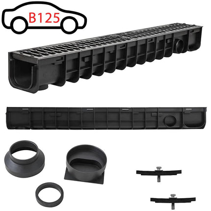 Melko drainage channel B125, 1 meter, cast iron grate - suitable for DN75 and including adapter for DN110