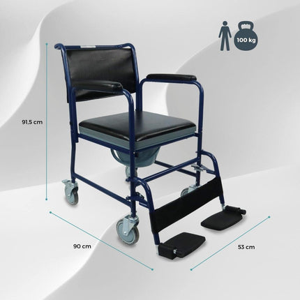 Mobiclinic, Commode Chair with Wheels, Barco, European Brand, Toilet Seat for the Elderly and Disabled, Toilet Seat, Folding Armrests, Removable Footrests, Lid, Parking Brake, Blue