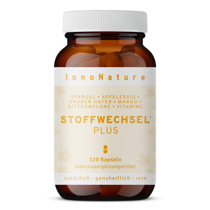 InnoNature Metabolism Plus Capsules | Made with asparagus, apple cider vinegar, green oats, rosehip, mango, and bitter melon | 120 capsules, including vitamin C from rosehip extract, 80 mg