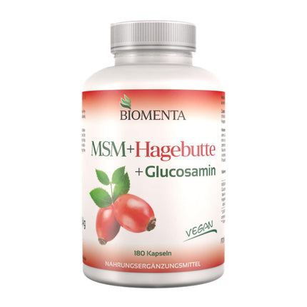 BIOMENTA MSM + Rosehip + Glucosamine – 180 allergen-free capsules with a high dose of 1,200 mg organic sulfur powder + 794 mg glucosamine sulfate + 300 mg rosehip extract per day – vegan – premium quality