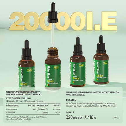 Vitamin D3 K2 high-dose drops - 20,000 IU + Vitamin K2 MK7 200 mcg per dose, Vegetarian, No additives, Produced in Germany