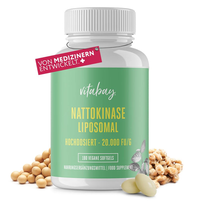 Vitabay Nattokinase Capsules High Dose 20,000 FU - Liposomal &amp; Vegan - 180 Nattokinase Capsules - Enzyme Natto Fermented Soybeans - Nattokinase High Dose Tablets Natokinase L
