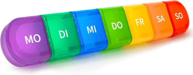7-day pill box, 7-day pill box with 7 compartments, handy and moisture-resistant medicine box for your handbag or pocket to store medication, rainbow