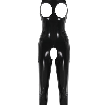 iEFiEL women's wetlook jumpsuit with zipper, leather-look bodysuit, shiny overall, lingerie, open leggings, clubwear, black, breast-free M