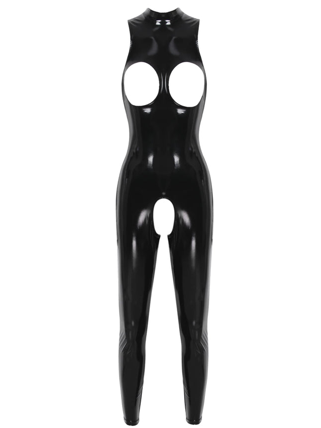iEFiEL women's wetlook jumpsuit with zipper, leather-look bodysuit, shiny overall, lingerie, open leggings, clubwear, black, breast-free M