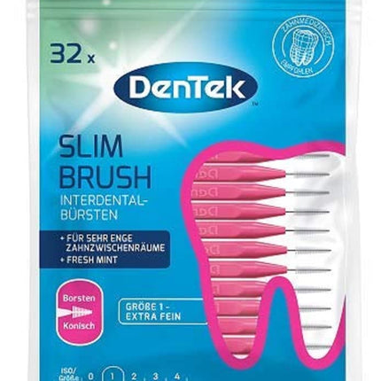 DenTek Slim Brush - Size 1 - Extra Fine - For Very Tight Interdental Spaces - Mint Flavored with Hygienic Protective Cap, 32 Pieces Pink
