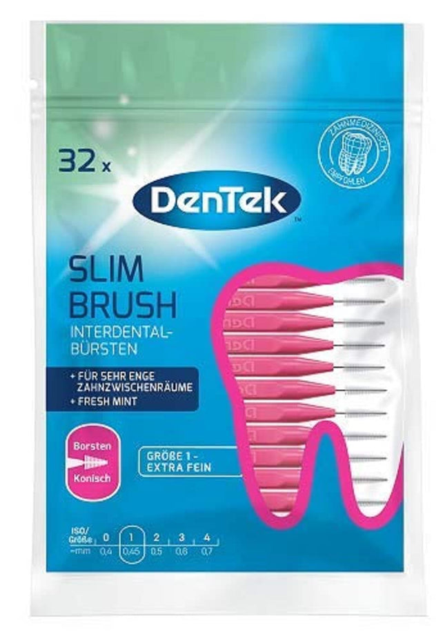 DenTek Slim Brush - Size 1 - Extra Fine - For Very Tight Interdental Spaces - Mint Flavored with Hygienic Protective Cap, 32 Pieces Pink
