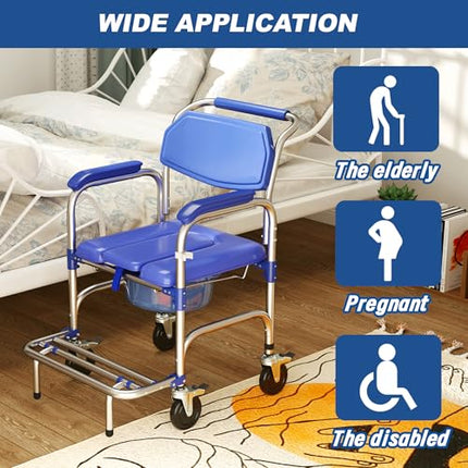 bimiti Foldable Commode Chair for Seniors, Commode Chair with Wheels and Anti-Roll-Over Pedals, Wheelchair with Toilet for Patients, Seniors, Disabled and Pregnant Women, Load Capacity up to 150 kg