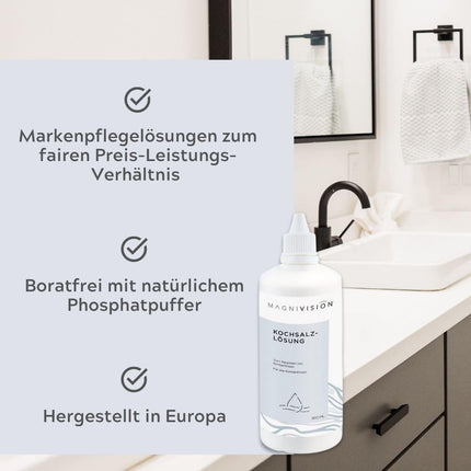 MAGNIVISION Saline Solution, 100ml (travel size) Saline solution for contact lenses, for rinsing soft &amp; hard contact lenses, borate-free, Made in Europe