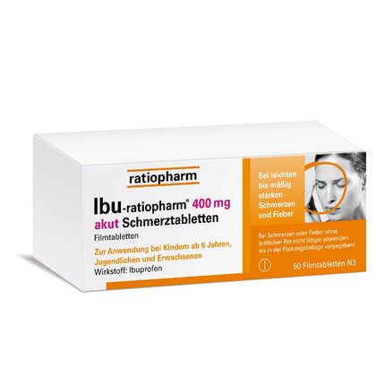 IBU-ratiopharm 400 mg acute pain tablets: Proven for pain and fever. Active ingredient: Ibuprofen, 50 film-coated tablets