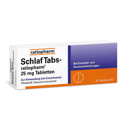 SchlafTabs-ratiopharm 25 mg tablets: Over-the-counter relief for sleep disorders with the active ingredient doxylamine succinate. Supports falling asleep and promoting sleep through the night. 20 tablets