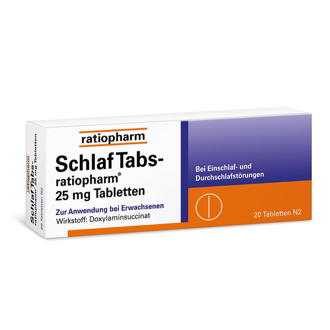 SchlafTabs-ratiopharm 25 mg tablets: Over-the-counter relief for sleep disorders with the active ingredient doxylamine succinate. Supports falling asleep and promoting sleep through the night. 20 tablets