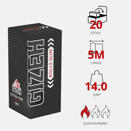 GIZEH BLACK Rolls Slim - Rolling Papers in Individual Lengths - 5 Meters of King Size Slim Paper - 20 Pack of Premium Rolling Papers (14 g/m²)