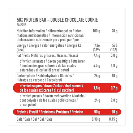Premier Protein - High Protein Bar 50% - Double Chocolate Cookie - 16x40g - Low Sugar - Low Carb - palm oil free