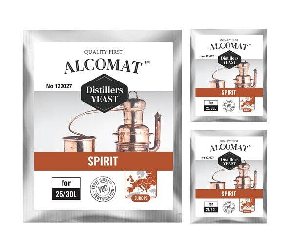 Alcomat SPIRIT Turbo Yeast | Vodka Distiller | Alcohol Distilling Yeast | Fermenting Yeast for High-Quality Spirits Made from Sugar Water, Grain, Potato, and Sugar Cane | Up to 25 Liters | High Alcohol Tolerance 18%, Set of 3