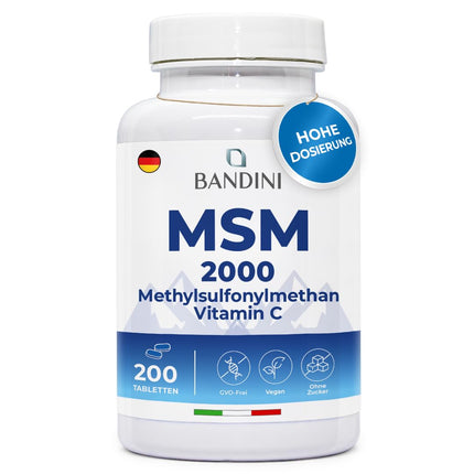 Bandini® MSM - 2000mg with 40mg Vitamin C per daily dose - More compact methylsulfonylmethane powder than capsules - No magnesium stearate, high dosage, vegan, no additives, laboratory tested - 200 tablets