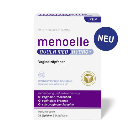 menoelle® OVULA med Hydro+ for the treatment of vaginal dryness, burning, itching, tightness, and irritated or inflamed vaginal mucosa – hormone-free &amp; regenerating. 10 suppositories.