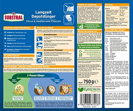 Substral long-term depot fertilizer for citrus and Mediterranean plants, e.g. bougainvillea, oleander, figs, etc., 750 g, green