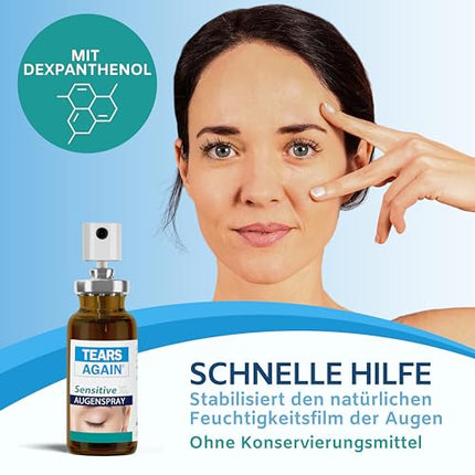 TEARS AGAIN Sensitive XL 20 ml eye spray for dry eyes - suitable for contact lenses, helps with burning and watery eyes, preservative-free